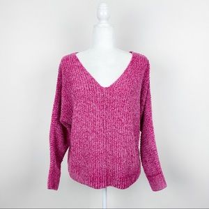 Pink Rose Pink Size Large Cropped V-Neck Chenille Sweater